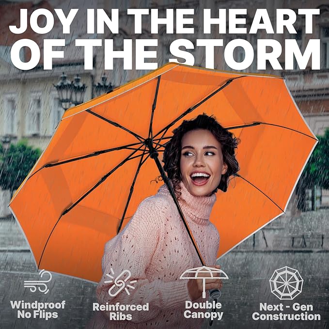 Royal Walk Windproof Folding Travel Umbrella Compact and Strong Luxurious Real Wood Handle Automatic Open Close Vented Double Canopy for Men and Women (Orange)