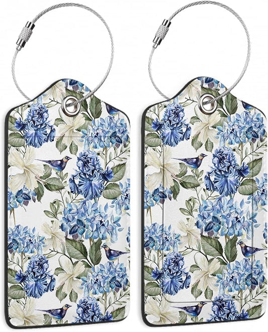 Hibiscus Flowers Luggage Tag,Bird Watercolor Luggage Tags of Set 2 Leather Identifiers Privacy Cover with Stainless Steel Loop for Women Men Travel Bag Suitcase