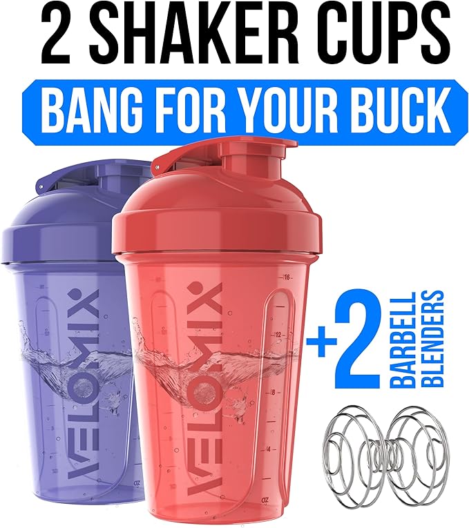 VELOMIX -2 Pack- 20 oz Protein Shaker Bottles for Protein Mixes - 2x Wire Whisk | Leak Proof Shaker Cups for Protein Shakes and Pre Workout | Protein Shaker Bottle Pack (Blush Storm)