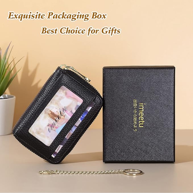 imeetu RFID Credit Card Holder, Small Leather Zipper Card Case Wallet for Women