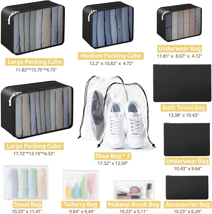 All-in-One 22 Pcs Packing Cubes for Travel Essentials –Includes Cubes,toothbrush covers，Silicone Bottle Cover,zipper bags, Matte Cosmetic Bag, Drawstring bag for Carry-On & Suitcase
