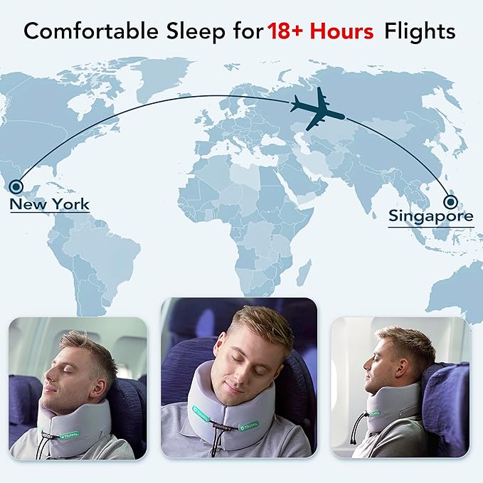 Long-haul Flight Travel Pillow: 360 Chin & Neck Support Airplane Pillow for Side Sleepers to Prevent Head Bobbing - Dual-Density Memory Foam with Flat Back Won't Push Head Forward