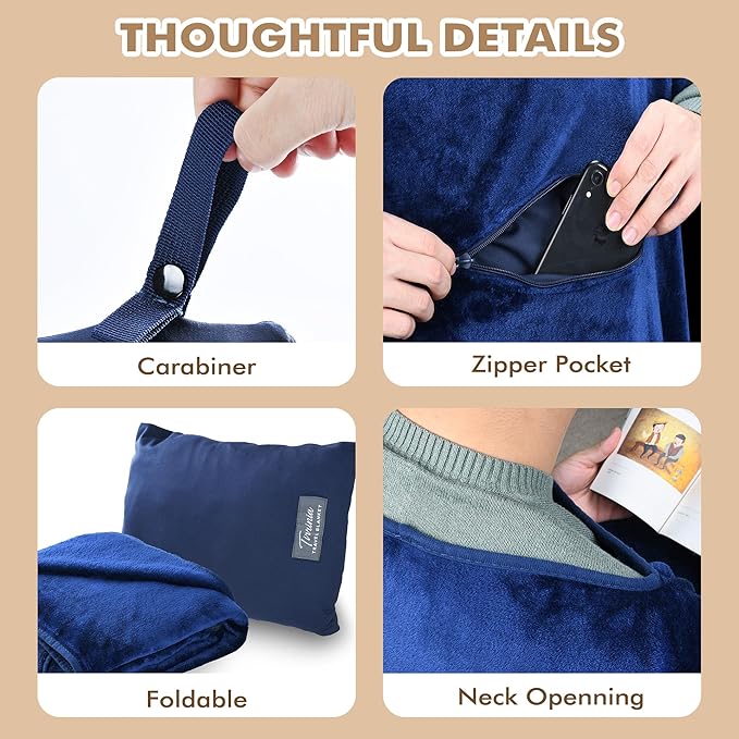 Tirrinia Travel Blanket Airplane Office Poncho 4 in 1 Premium Cozy Fleece Portable Poncho Blankets with Built-in Bag, Pocket