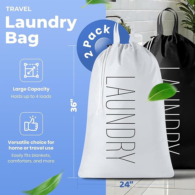 Extra Large Travel Laundry Bag - 2-Pack Fun Print Design Bags for Dirty Clothes - Durable Water-Resistant Fabric - Sturdy Drawstring Closure (Black-White | Laundry)