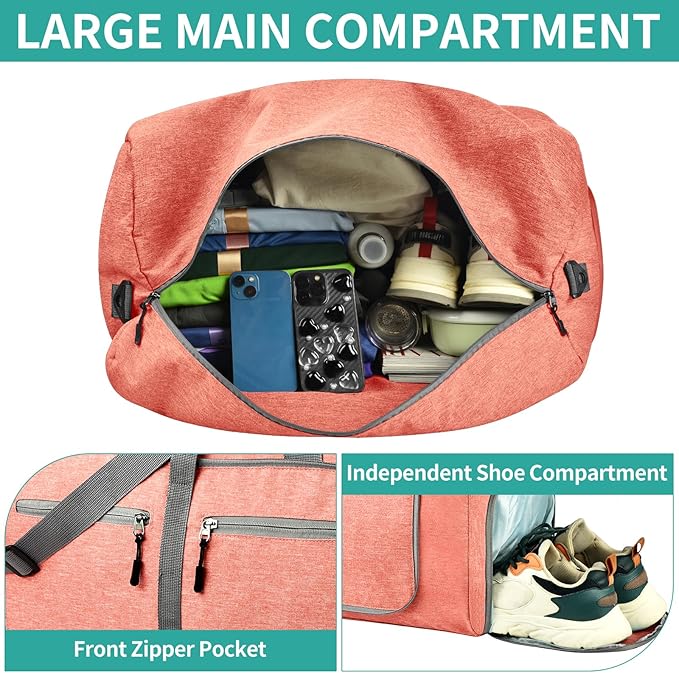 Dimayar 65L Travel Duffle Bag for Men Women - Foldable Duffel Bag with Shoes Compartment - Overnight Bags Waterproof & Tear Resistant(Orange)