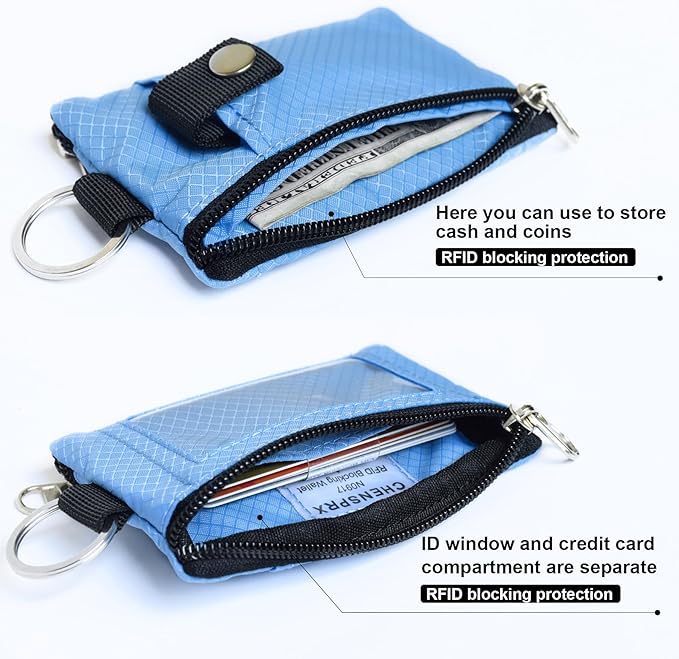 CHENSPRX Minimalist RFID Blocking Small Wallet with ID Window,WaterResistant Zip Id Case Wallet with Lanyard Keychain for Cards,Cash,Travel,Women,Men