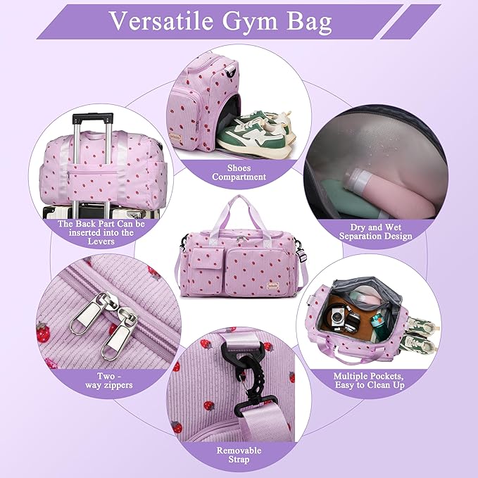 Small Gym Bags for Women, Travel Duffle Bag with Shoes Compartment, 4 in 1 Carry on Weekender Overnight Bag with Dry Wet Separated Pocket, Sport Gym Tote Bag for Yoga, Dance, Swimming, Workout, Ballet