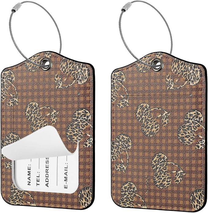 Seorsok 2 PCS Luggage Travel Tags for Suitcases,Cute Brown Leopard PU Leather Name Tag with Privacy Cover&ID Label Address Card and Durable Metal Ring Suitable for Men Women Handbags Backpack,Cherry