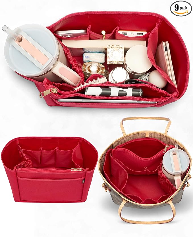 TOVICE Tote Bag Organizer Insert with Stanley Cup Holder and Zipper Bag, Compatible with Neverfull, Saint Louis and More, 9 Pockets (Red, Large)