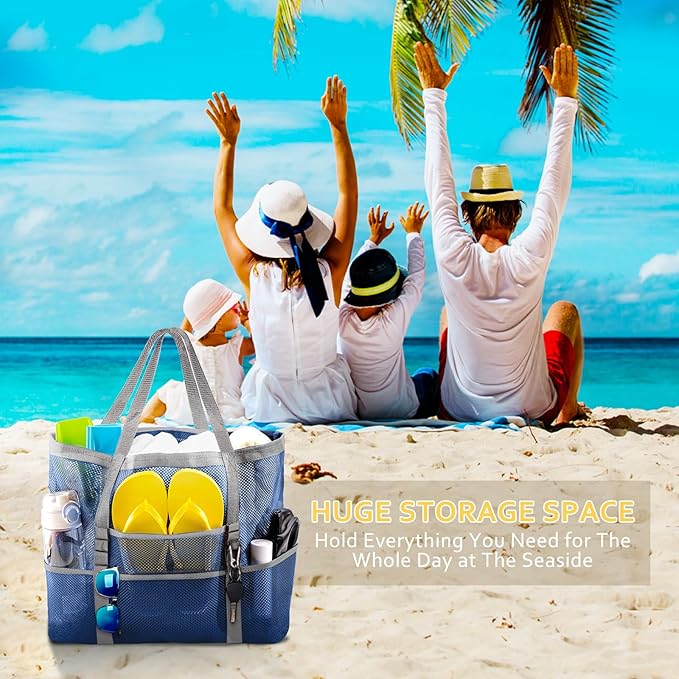 SRISE Mesh Beach Bag - Large Beach Tote Bag for Family Beach Bag for Toys & Vacation Essentials