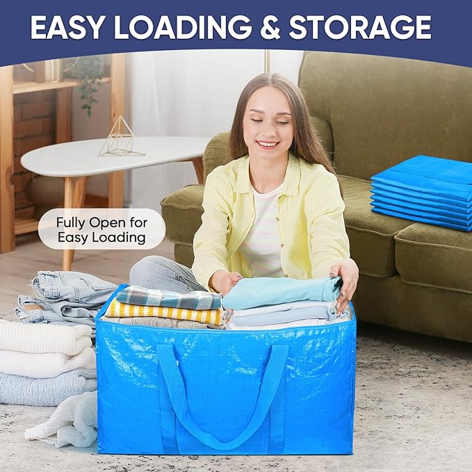 TICONN 6 Pack Extra Large Moving Bags Heavy Duty with Zippers & Carrying Handles, Durable Storage Bags Moving Boxes for Closet Organizers and Storage (6 Pack, Sky Blue)