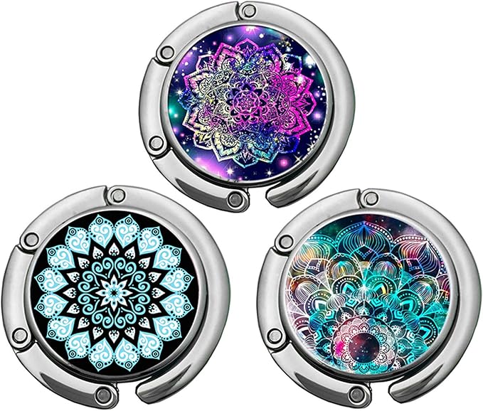 Bosketo Foldable Purse Hook Womens Bag Table Hanger Collection Desk Hooks for Purse (3pack Mandala-Hook)