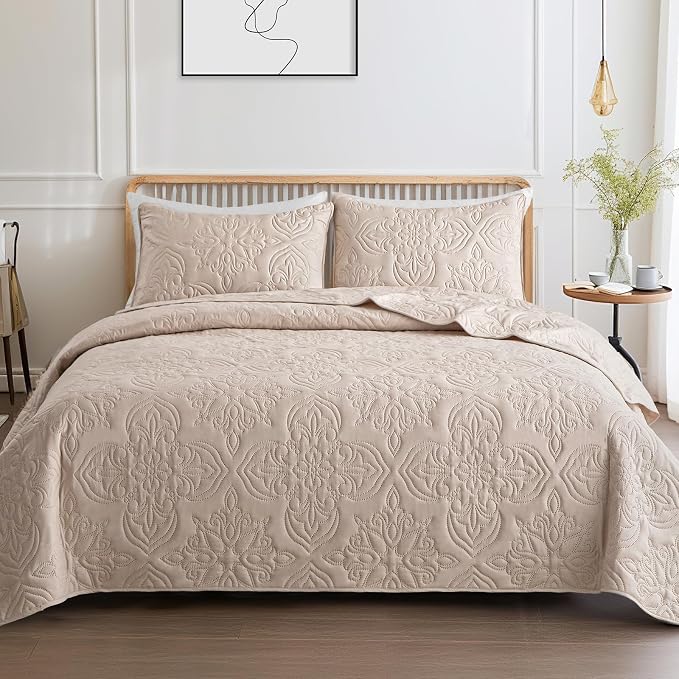 Whale Flotilla Cal King Quilt Set Vintage Damask Reversible Bedspread | Suitable for Bed, 3 Pieces Brich Beige Lightweight Breathable Oversized Quilts, Ultrasonic Coverlet with 2 Pillow Shams