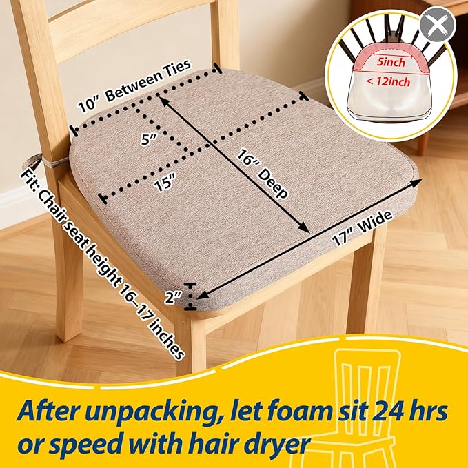 AAAAAcessories D-Shaped Chair Cushions, 2" Thick Dining Chair Pads with Ties and Removable, Machine-Washable Cover, 17" x 16", Set of 4, Oatmeal Beige