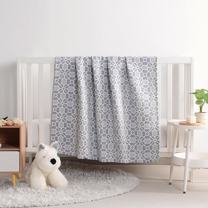NTBAY 3 Layer Oversized Muslin Cotton Toddler Blanket, 45x60 Inches Jacquard Reversible Nursery Bed Blanket, Super Soft and Thermal Crib Blanket for All Seasons, Baby Gift, 45"x60", Blue Clover