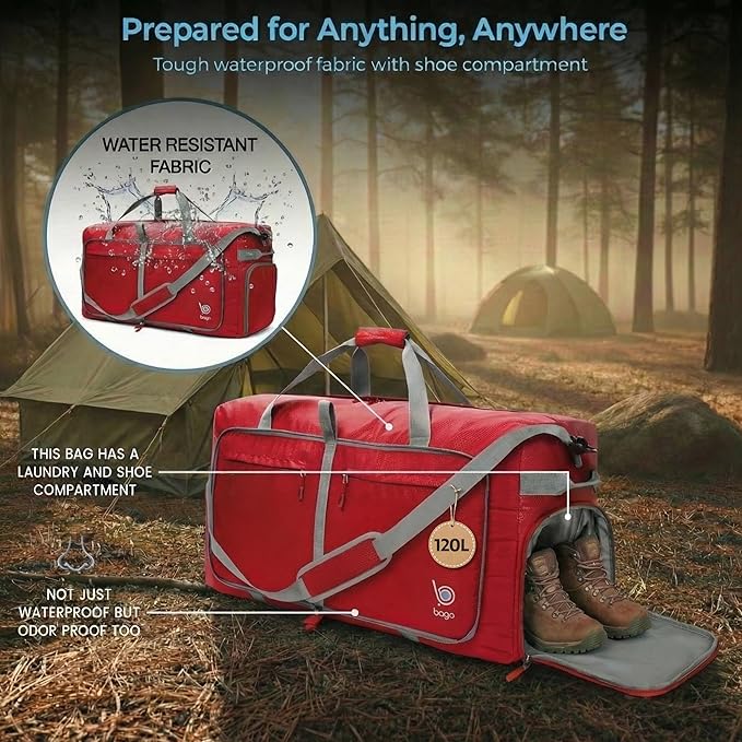 Bago Extra Large Duffle Bag for Travel Women & Men. Durable, Lightweight, Foldable Travel Duffel Bags For Traveling Women. 120L Duffle Bags Use As a Weekender Bag with Shoe Compartment, Checked Duffel