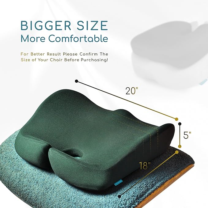 Orthopedic Coccyx Cushion for Tailbone Pain Relief, Sciatica and Back Pain - XL Memory Foam Seat Cushions for Office Chairs, Car, Gaming - Ergonomic Cushion with Removable Spare Cover (Green)