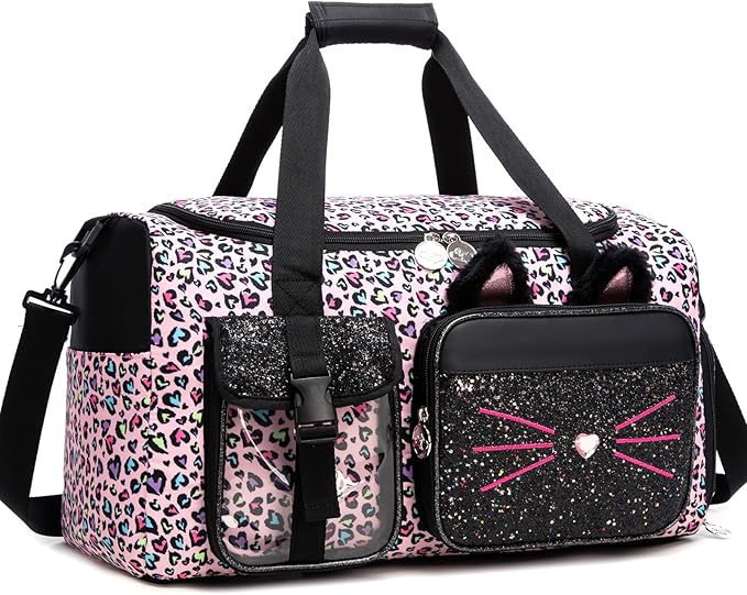 Kids Duffle Bag Girls Travel Bag Gifts for Girls Cat Gymnastics Dance Bags for Kids Overnight Sleepover Bags for Girl with Shoes Compartment
