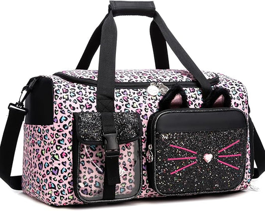 Kids Duffle Bag Girls Travel Bag Gifts for Girls Cat Gymnastics Dance Bags for Kids Overnight Sleepover Bags for Girl with Shoes Compartment