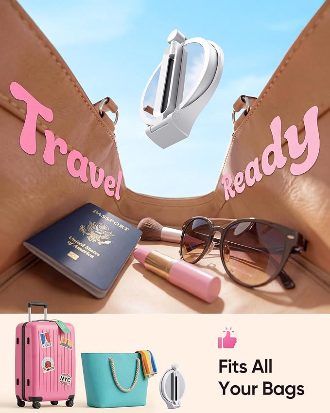 Travel Makeup Mirror with Lights 2026 New, 1X/30X Magnification Double Sided Lighted Mirror, 3 Color Lighting & Stepless Dimming, 2000mAh Foldable Portable Mirror for Desk & Travel