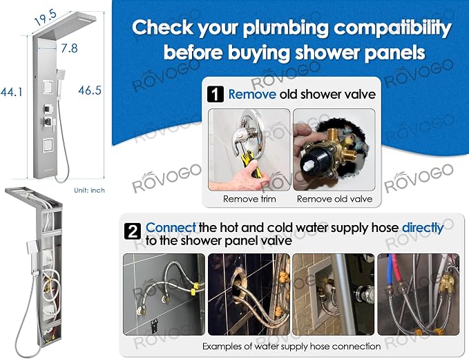 ROVOGO Shower Panel Tower System with Led Lights - Battery Powered, 46.5" | Rainfall Waterfall Shower Head, 2 Body Jets, Handheld and Tub Spout, Stainless Steel Shower Column with Brass Valves, Brushed