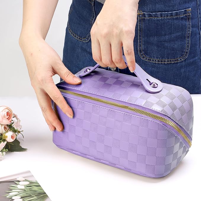 Large Capacity Travel Cosmetic Bag - Portable Makeup Bags for Women Waterproof PU Leather Checkered Makeup Organizer Bag with Dividers and Handle,Toiletry Bag for Cosmetics
