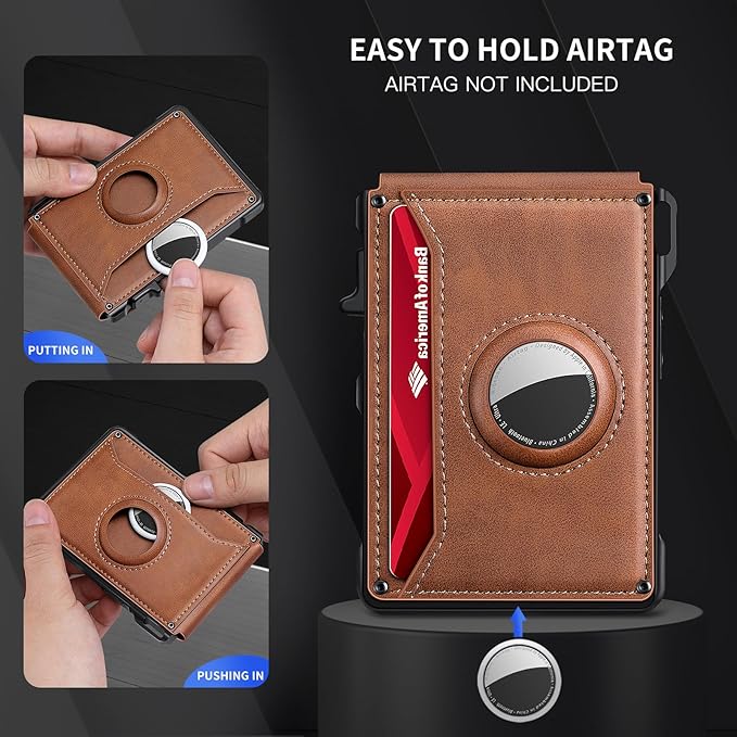KIKVES Airtag Wallet for Men, Mens Smart Wallet for Air Tag RFID Blocking, Minimalist Bifold Pop Up Aluminum Credit Card Case Holder 12+ Cards with ID Window, Gift for Men, No Airtag Included, Brown
