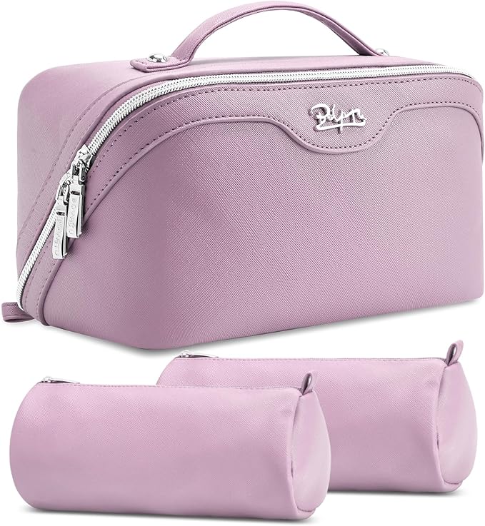 BOYATU Travel Makeup Bag Organizer Cosmetic Bag: 3 Pcs Set Make up Bags for Women with Handle - Waterproof Vegan Leather Toiletry Bags Travel Essentials Pouch with Compartments (C-06-Purple)