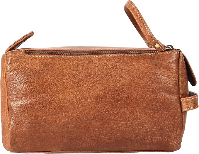 KomalC Premium Buffalo Leather Toiletry Bag for Men & Women With Water resistant Lining, Grooming Travel Pouch, Unisex Wash Bag for Toiletries, Gifts for Men and Women