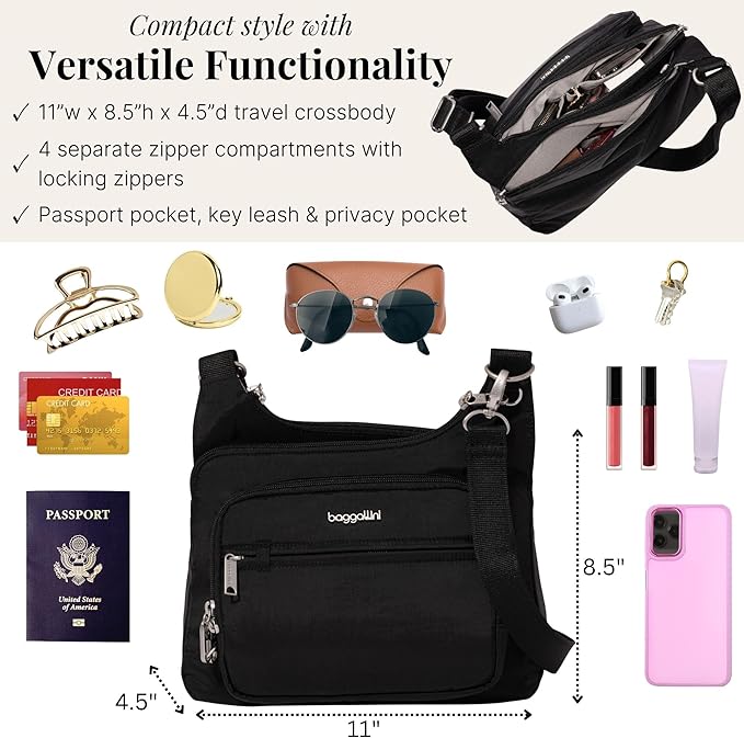 Baggallini Securtex Anti-theft Crossover Crossbody Bag 11”w X 8.5”h, Rfid, Built-in Wallet, Locking Zippers