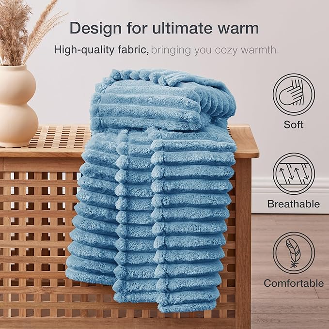 EXQ Home Fleece Throw Blanket for Couch or Bed - 3D Stripe Jacquard Decorative Blankets - Cozy Soft Lightweight Fuzzy Flannel Blanket Suitable for All Seasons(50"×60",Blue)