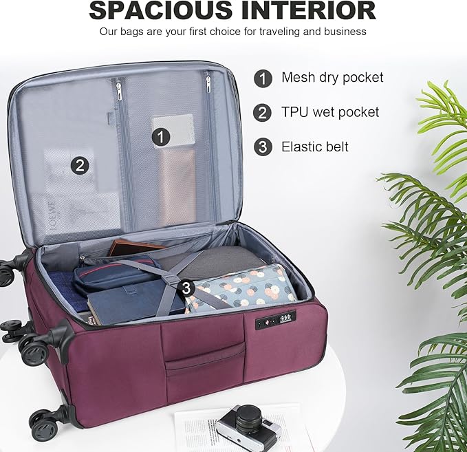 KROSER Softside Expandable checked Luggage with Front Business Pockets，24 Inch Suitcases with Spinner Wheels & Built-in TSA Lock, Durable Suitcase Rolling Luggage, Burgundy