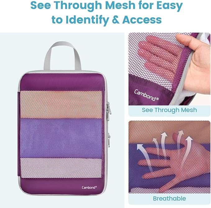 Cambond Compression Packing Cubes - 4 Set See Through Mesh Packing Cubes for Travel, Expandable Travel Essentials Packing Organizers for Carry on Suitcases with 3-in-1 Underwear Bag, Purple