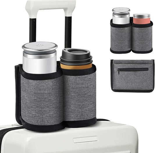Luggage Cup Holder for Suitcases Free Hands, Travel Accessories, Luggage Cup Caddy Gifts, Beverage Holder, Universal Luggage Accessories for Flight Attendants, Business Travelers (Grey-02)
