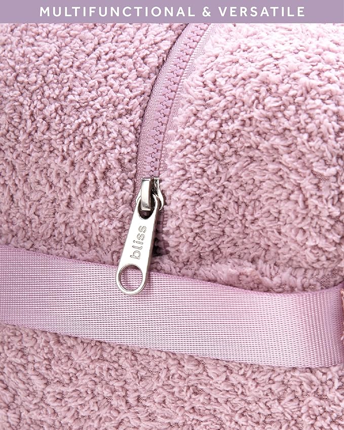 Bliss Womens Travel Blanket Set - 4 Piece Plush Microfiber Packable Travel Blanket with Relaxing Sleep Mask, Carry On Case, and Satin Hair Tie, Pink Gaze