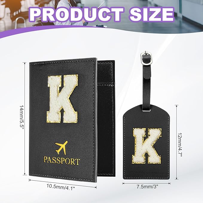 PATIKIL Passport Holder for Travel, Initial Passport Cover and Luggage Tag Set with Alphabet Chenille Letter Patch Travel Wallet Bag Suitcase Identifier for Women Family Travel Black K