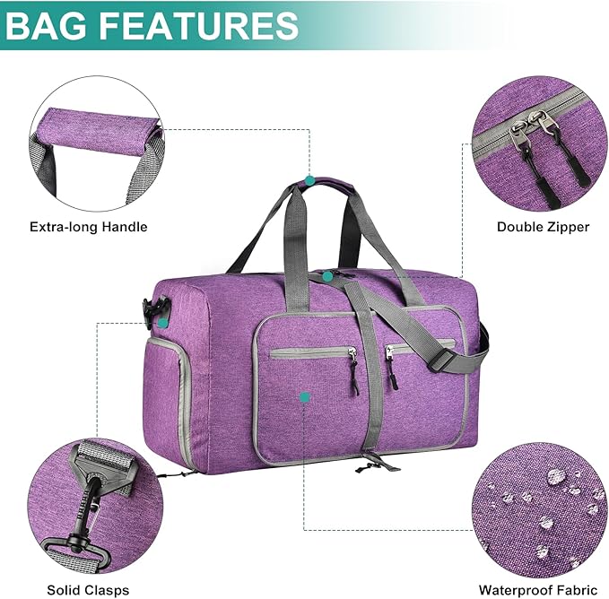 Dimayar 85L Travel Duffle Bag for Men Women - Foldable Duffel Bag with Shoes Compartment - Overnight Bags Waterproof & Tear Resistant(Purple)