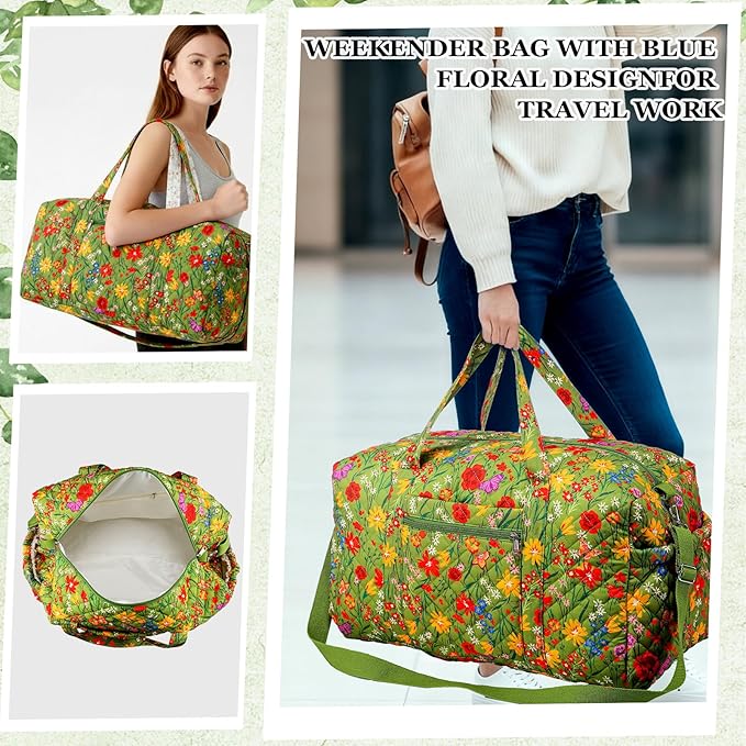Large Quilted Travel Duffle Bag for Women Floral Portable Gym Weekender Bag with Zipper Pockets Workout Grocery Pouch Duffle Gift Pouch for Work(Yellow Green Grassland)