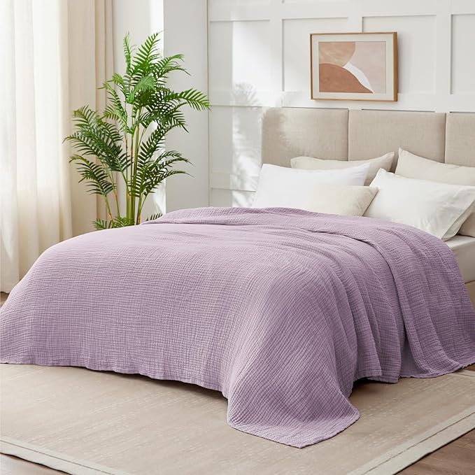 100% Cotton Muslin Blanket California King 120" x 90", 6 Layers Breathable and Lightweight Oversized Blankets for Bed, Soft Cooling Gauze Blanket for Adults All Season, Lavender