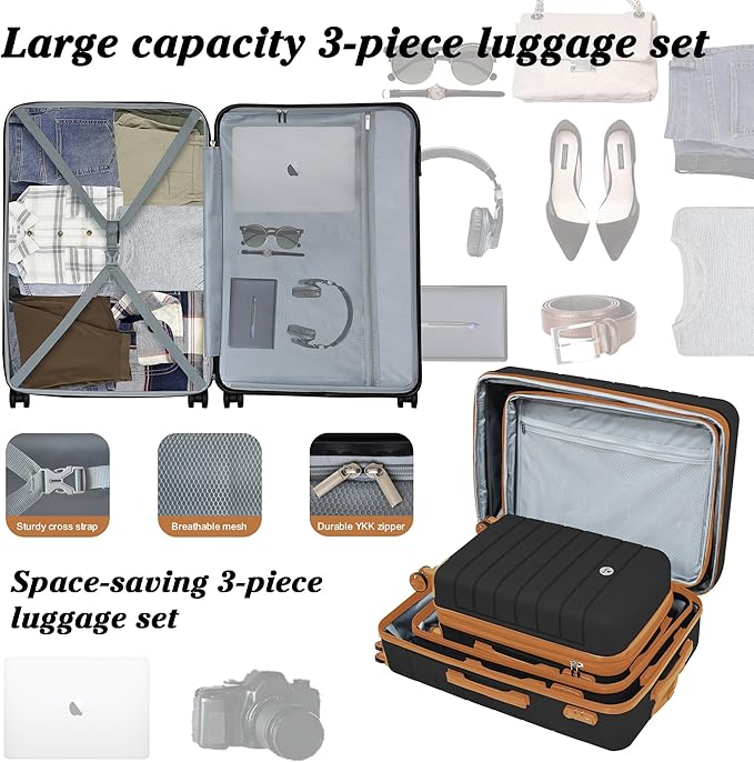 Classic 3-Piece Luggage Set with TSA Lock, Lightweight Suitcase with Spinner Wheels, Hardshell Expandable Carry-On Luggage, 20/24/28 inch, Apricot Black
