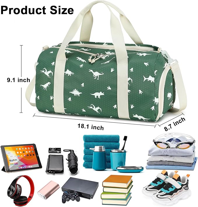 CAMTOP Kids Duffel Overnight Bag Boys Girls Toddler Weekender Carry-On Personalized Tote for Travel Gym Sport (A-Green Dinosaur)