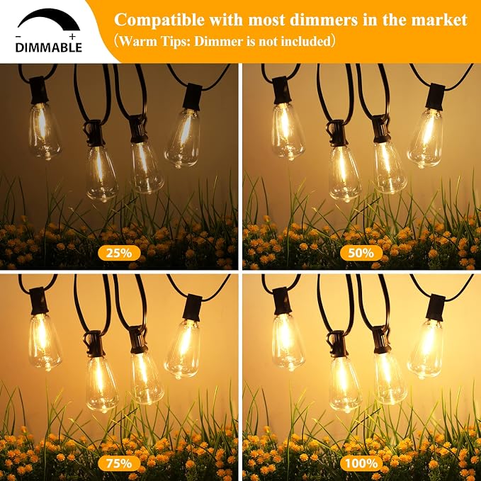 180FT Outdoor String Lights 94 Bulbs, Waterproof Patio Lights | 4 Spare ST38 Edison Bulbs Dimmable, Connectable Plug-in LED Outdoor Lighting for Porch, Garden, Backyard, Balcony, 2700K