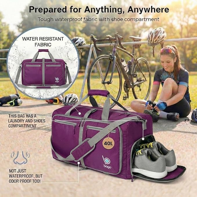 Bago Compact Duffle Bag for Travel Women & Men. Durable Lightweight Foldable Travel Duffel Bags For Traveling Women. 40L Duffle Bags a Reliable Weekender duffel or Overnight Bag With Shoe Compartment