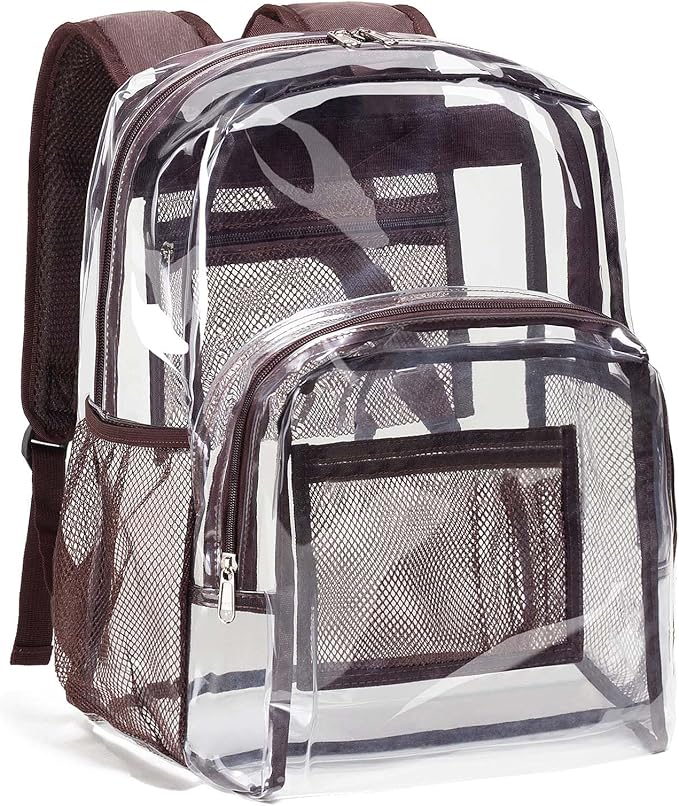Vorspack Clear Backpack Heavy Duty PVC Transparent Backpack with Reinforced Strap Stitches & Large Capacity for College Workplace Security - Coffee