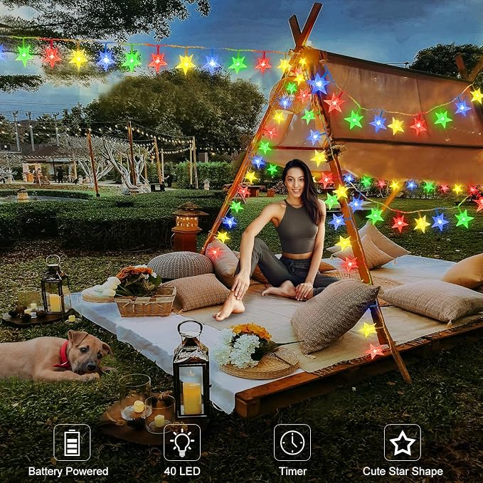 echosari 158IN Star String Lights Battery Operated Auto Timer Multicolor | 40 LED Star Fairy String Lights with 8 Modes for Kid Room Bedroom Party Garden Wedding Décor