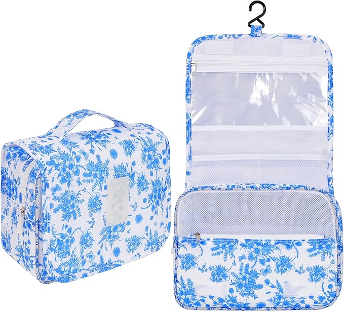 Pengxiaomei Hanging Toiletry Bag, Blue Vintage Floral Waterproof Cosmetic Bag Portable Makeup Pouch Travel Wash Bag with Handle for Kids Teen Girls Camping Tea Party Mothers Day Gifts