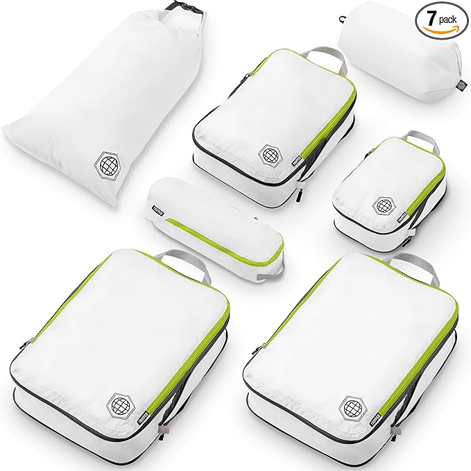 Large Compression Packing Cubes for Travel-Packing Cube Luggage Organizers 7 Piece Set for Checked Luggage-Ultralight, Expandable/Compression Bags by TRIPPED Travel Gear (White/Green)