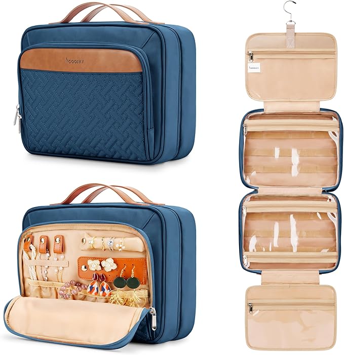 Travel Hanging Toiletry Bag for Women, with Jewelry Organizer Compartment, Medium Waterproof Hanging Makeup Accessories, Cosmetic Essentials, Toiletries Dopp Kit Set with Trolley Belt, Navy Blue