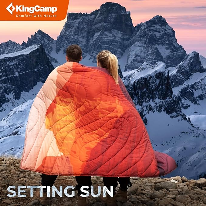 KingCamp Ultralight Camping Blanket, Packable Down Alternative Puffy Printed Wearable Blanket with Snap Buttons & Corner Loops Weatherproof Quilt for Outdoor Travel Stadium (78.7"L x 57.1"W, ORANGE)