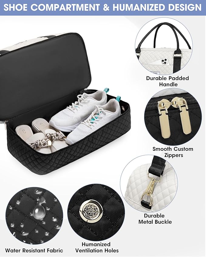 Travel Duffle Weekender Bags for Women: Overnight Bag with Shoe Compartment Carry On Bags with Toiletry & Wet Pocket Large Tote Hospital for Women Labor Delivery Black White